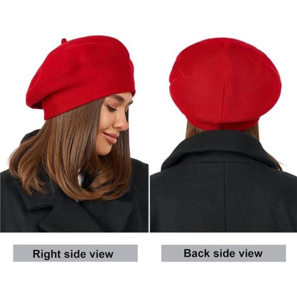 Women\'s Wool Beret Hat Crochet Angora Knit Berets French Paris Hat, Red main image 4